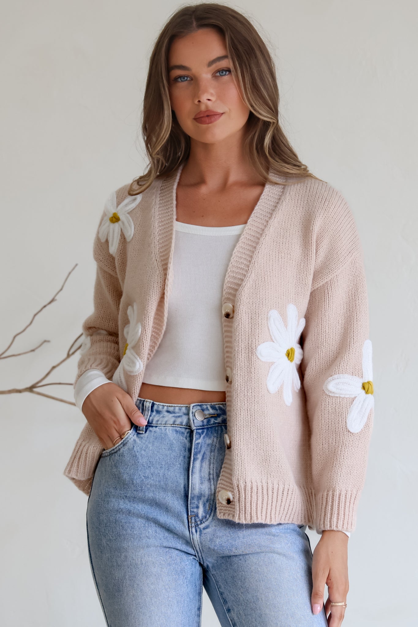 Daisy Belle Cardigan Cropped Thick Knit Cardigan Flower Decals