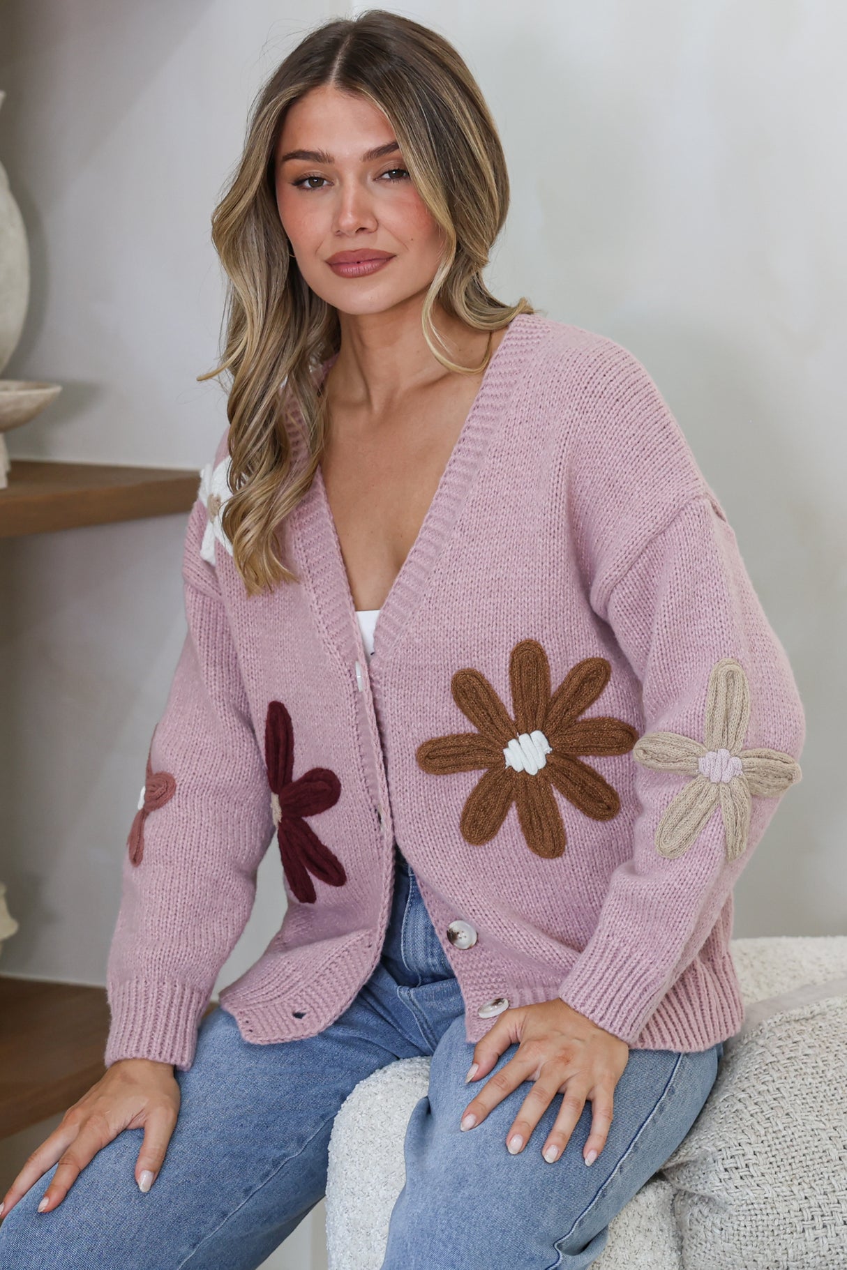Daisy Belle Cardigan - Cropped Thick Knit Cardigan with Flower Decals in Light Mauve
