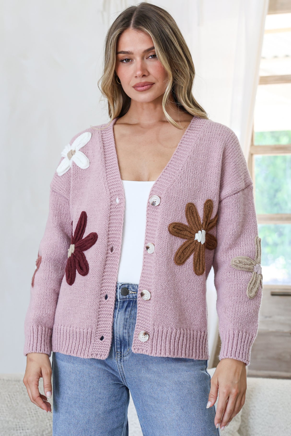 Model wearing Daisy Belle Cardigan in Light Mauve from Salty Crush