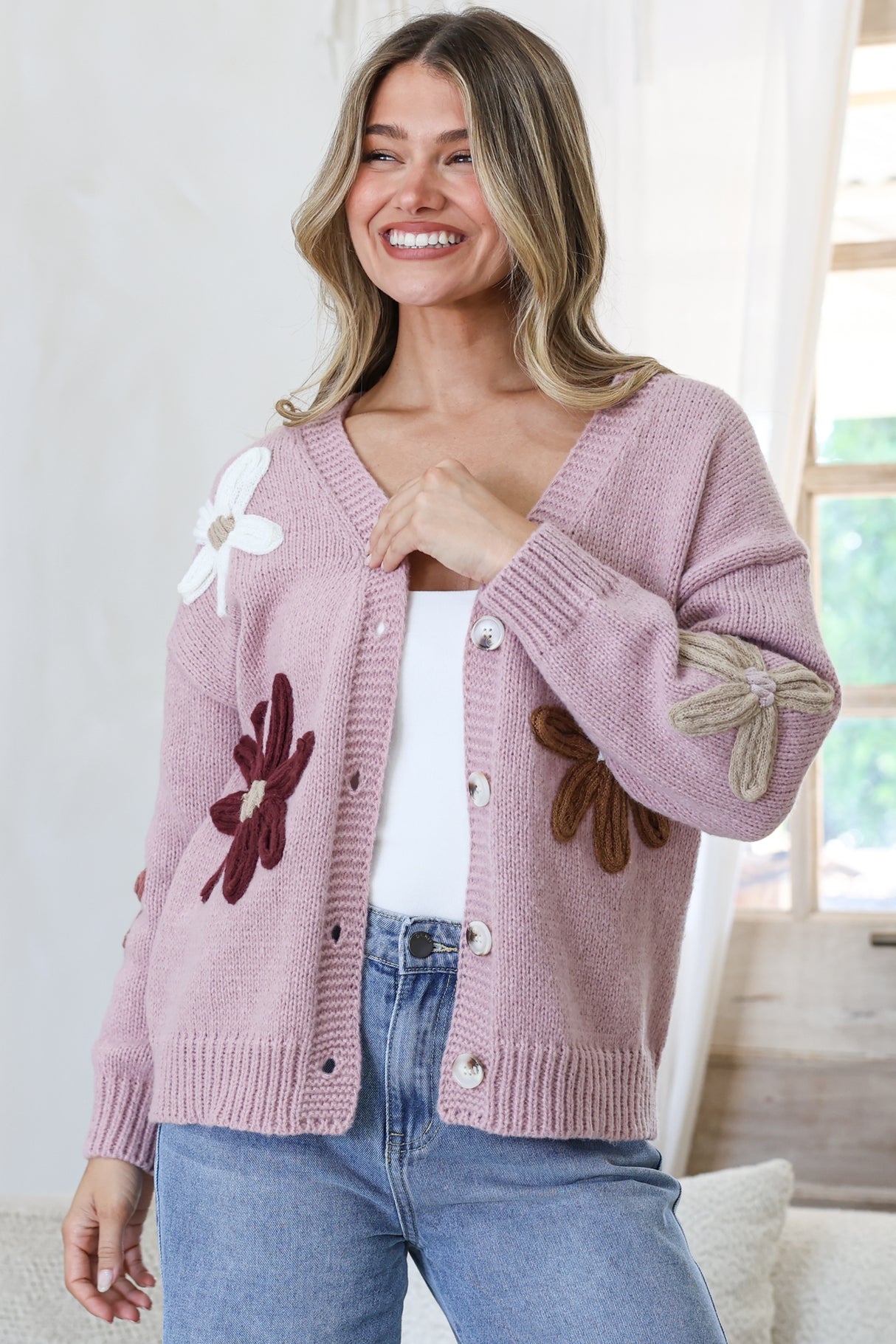 Daisy Belle Cardigan - Cropped Thick Knit Cardigan with Flower Decals in Light Mauve