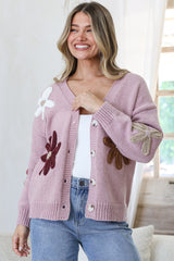 Daisy Belle Cardigan - Cropped Thick Knit Cardigan with Flower Decals in Light Mauve