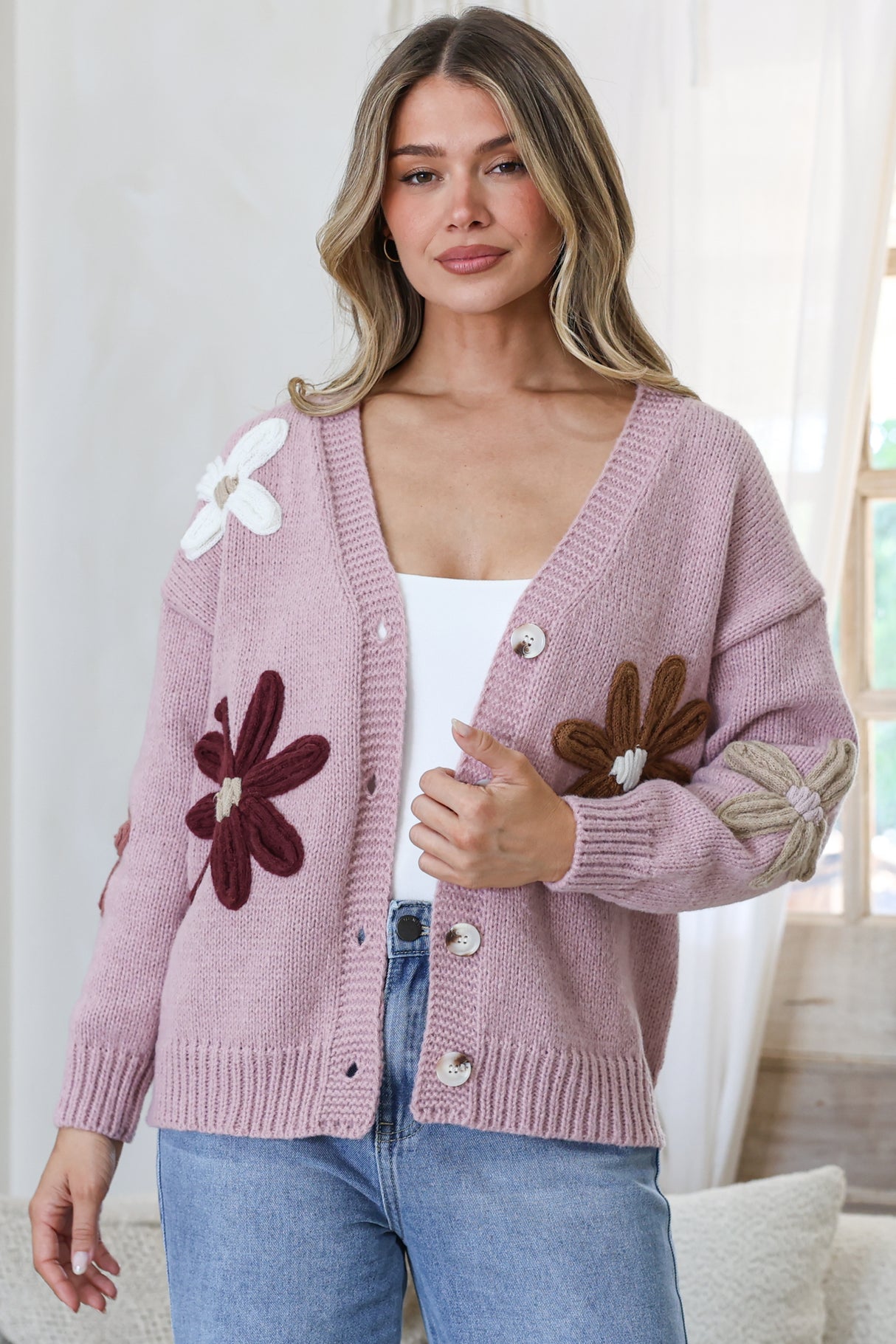 Daisy Belle Cardigan - Cropped Thick Knit Cardigan with Flower Decals in Light Mauve