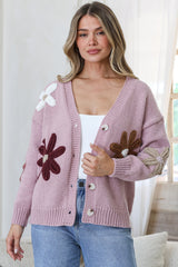 Daisy Belle Cardigan - Cropped Thick Knit Cardigan with Flower Decals in Light Mauve