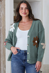 Daisy Belle Cardigan - Cropped Thick Knit Cardigan with Flower Decals in Teal