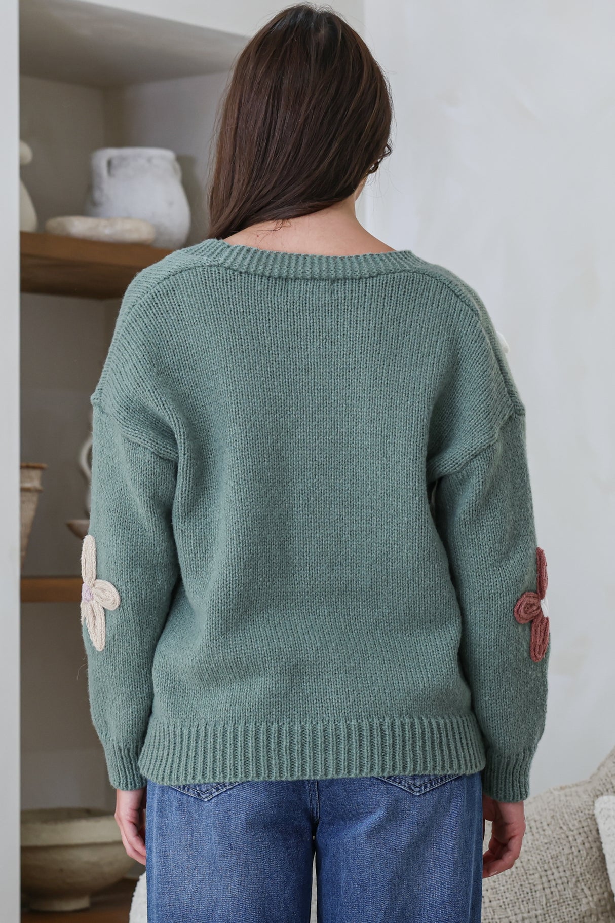 Daisy Belle Cardigan - Cropped Thick Knit Cardigan with Flower Decals in Teal