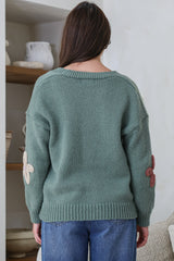 Daisy Belle Cardigan - Cropped Thick Knit Cardigan with Flower Decals in Teal