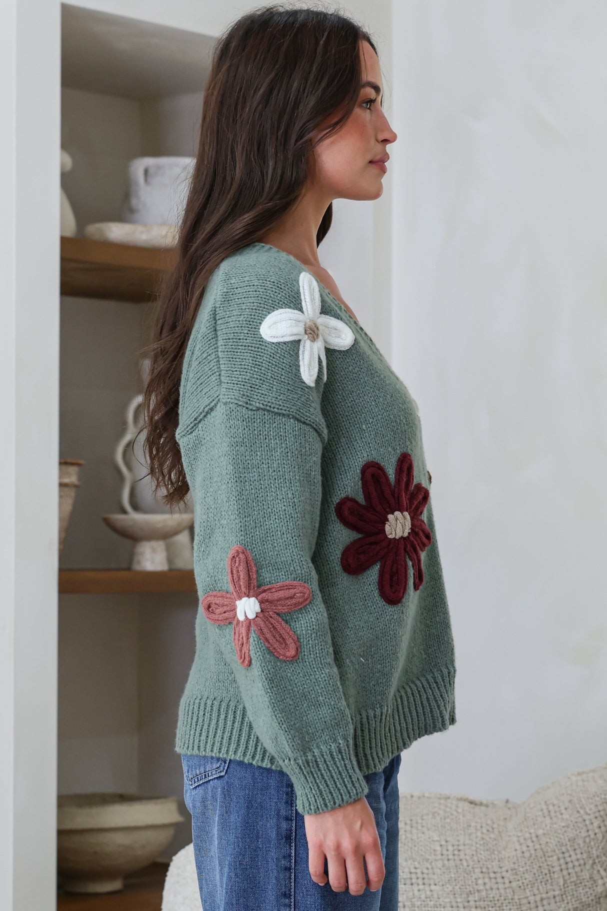Daisy Belle Cardigan - Cropped Thick Knit Cardigan with Flower Decals in Teal