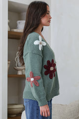 Daisy Belle Cardigan - Cropped Thick Knit Cardigan with Flower Decals in Teal