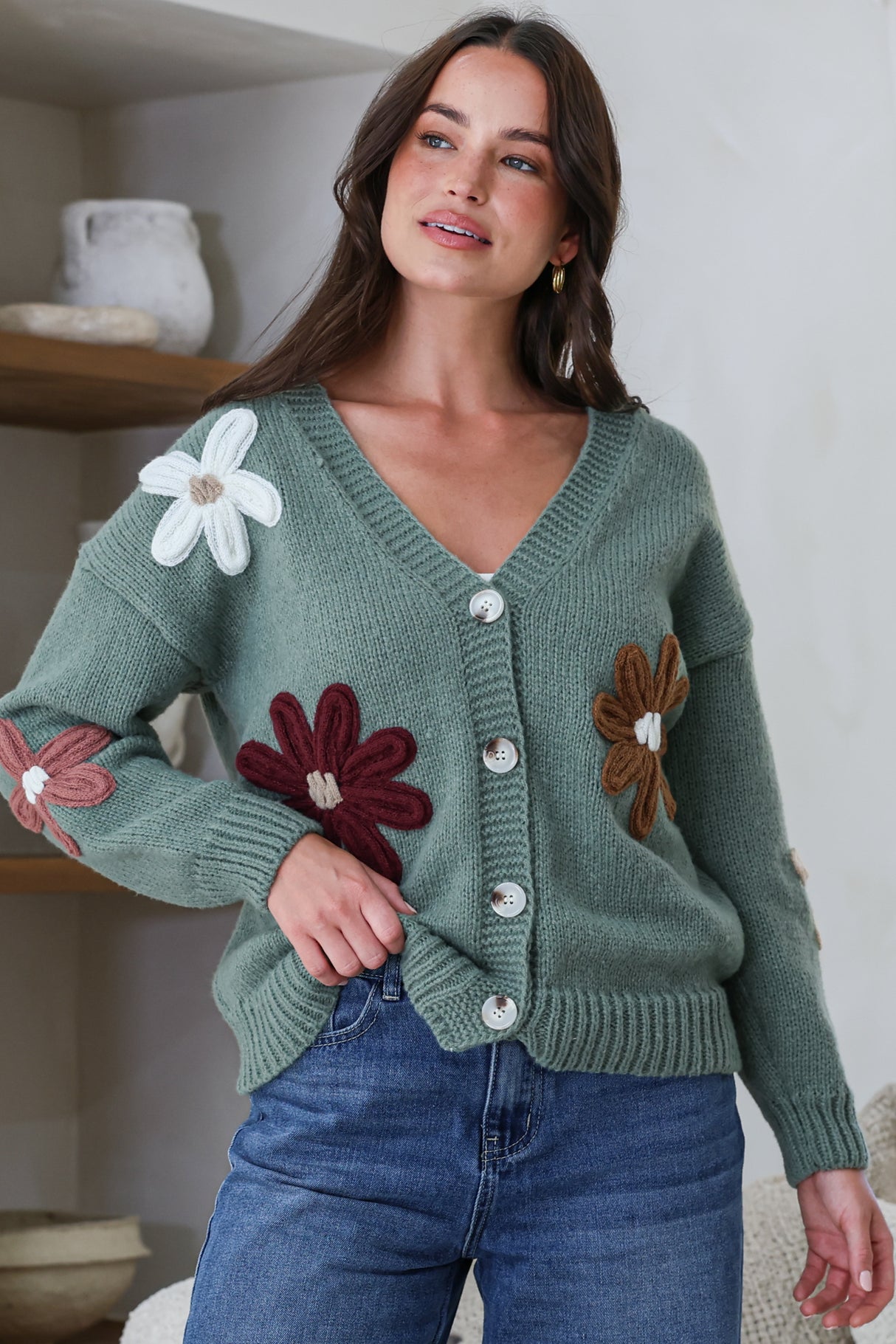 Daisy Belle Cardigan - Cropped Thick Knit Cardigan with Flower Decals in Teal