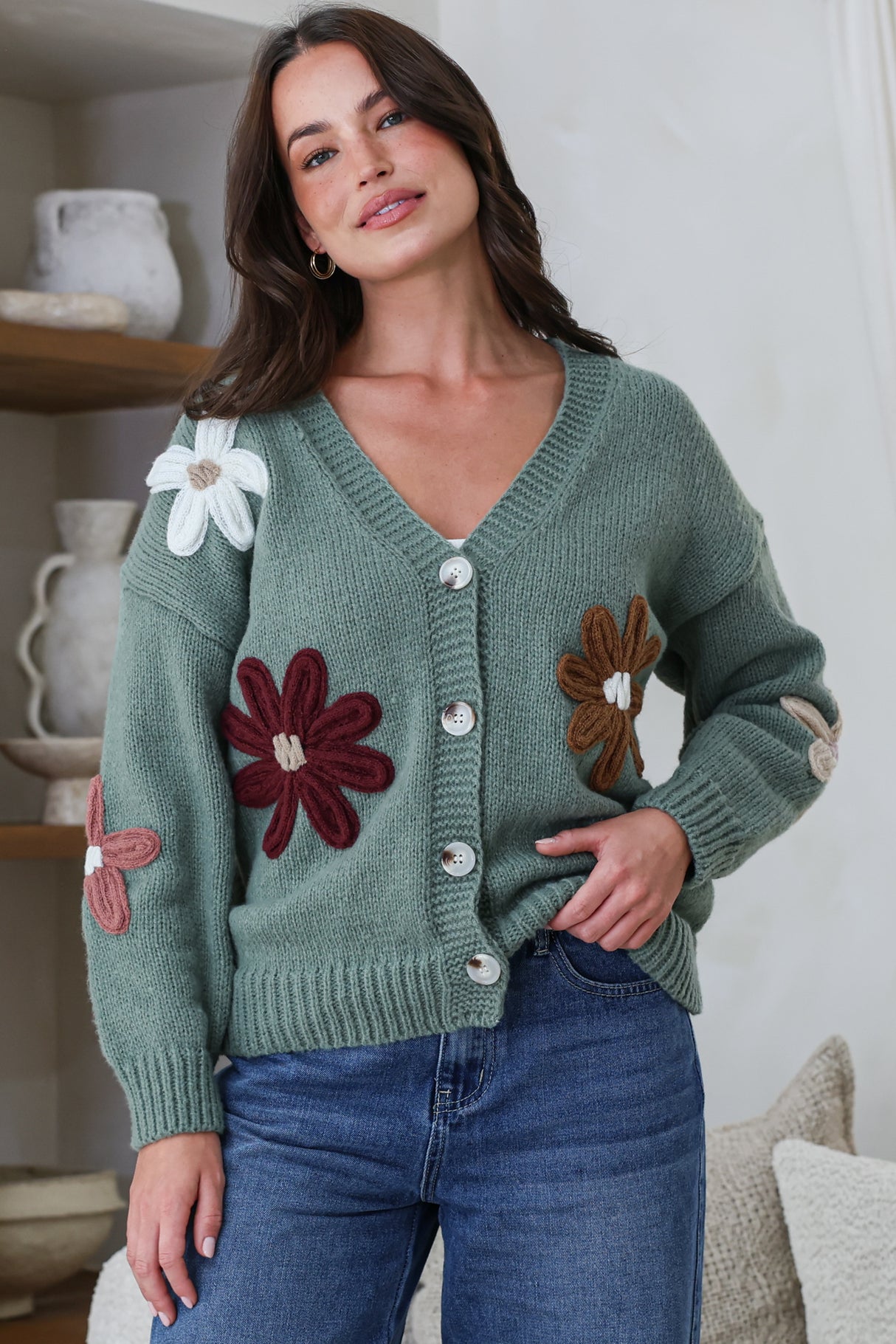 Model wearing Daisy Belle Cardigan in Teal from Salty Crush