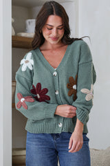 Daisy Belle Cardigan - Cropped Thick Knit Cardigan with Flower Decals in Teal