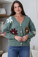 Daisy Belle Cardigan - Cropped Thick Knit Cardigan with Flower Decals in Teal
