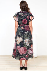 Dakota Midi Dress - Contrast Trim Shirt Dress with Flutter Sleeves and Belt in Annalisa Print