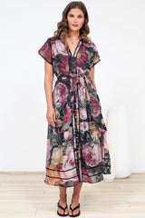 Dakota Midi Dress - Contrast Trim Shirt Dress with Flutter Sleeves and Belt in Annalisa Print