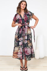 Dakota Midi Dress - Contrast Trim Shirt Dress with Flutter Sleeves and Belt in Annalisa Print