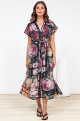 Dakota Midi Dress - Contrast Trim Shirt Dress with Flutter Sleeves and Belt in Annalisa Print