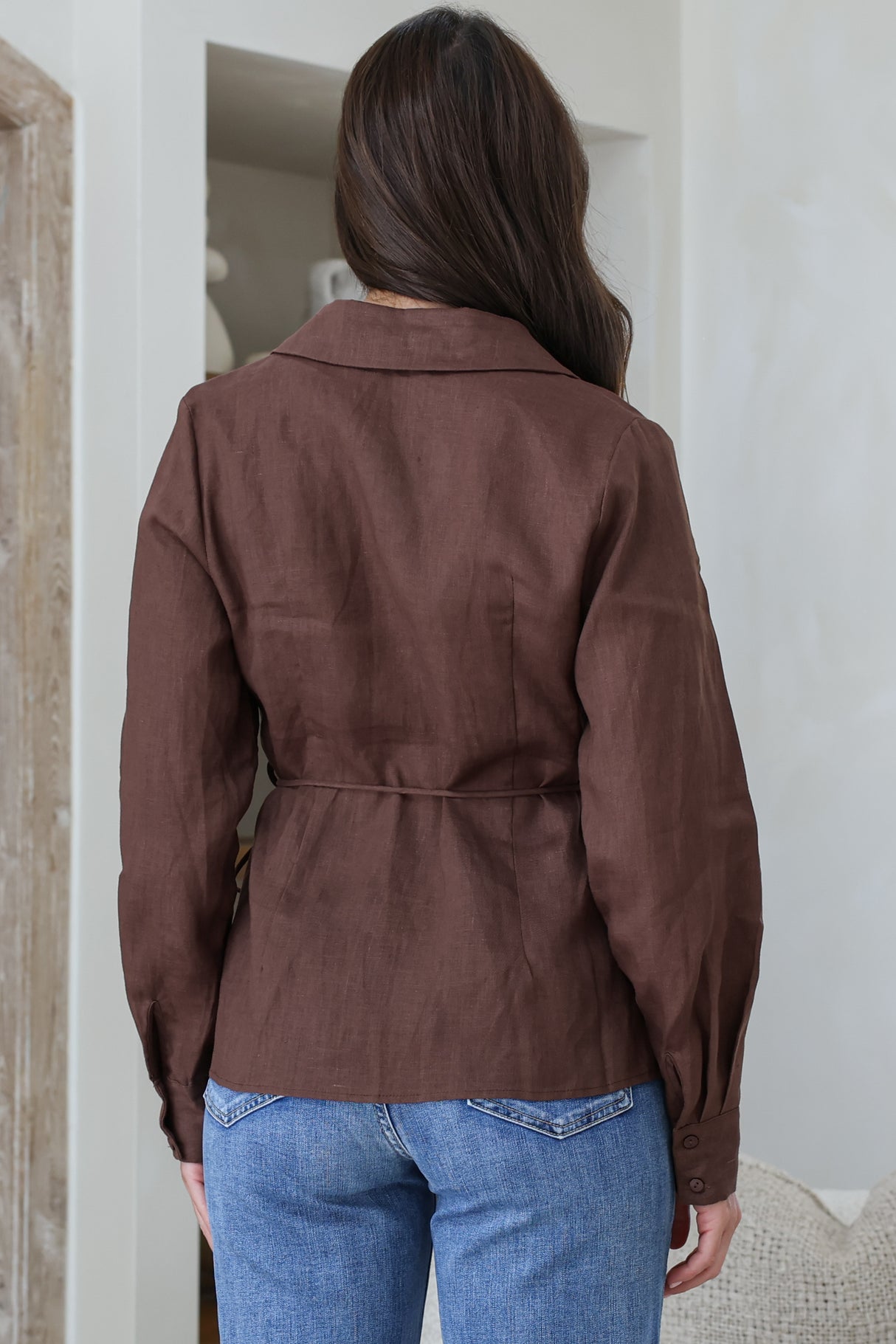 Daley Top - Wing Collar V Neck Wrap at the Waist Linen Top in Chocolate