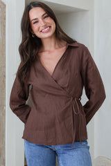 Daley Top - Wing Collar V Neck Wrap at the Waist Linen Top in Chocolate