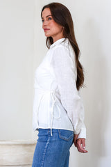 Daley Top - Wing Collar V Neck Wrap at the Waist Linen Top in White