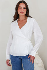 Daley Top - Wing Collar V Neck Wrap at the Waist Linen Top in White