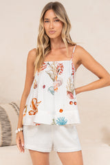Danae Cami - Square Neck Pintucked Top with Spaghetti Straps in Oceane Print