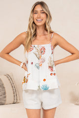Danae Cami - Square Neck Pintucked Top with Spaghetti Straps in Oceane Print