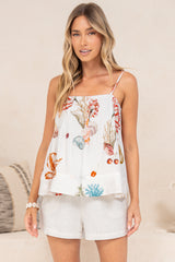 Danae Cami - Square Neck Pintucked Top with Spaghetti Straps in Oceane Print