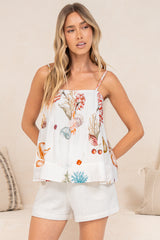 Danae Cami - Square Neck Pintucked Top with Spaghetti Straps in Oceane Print