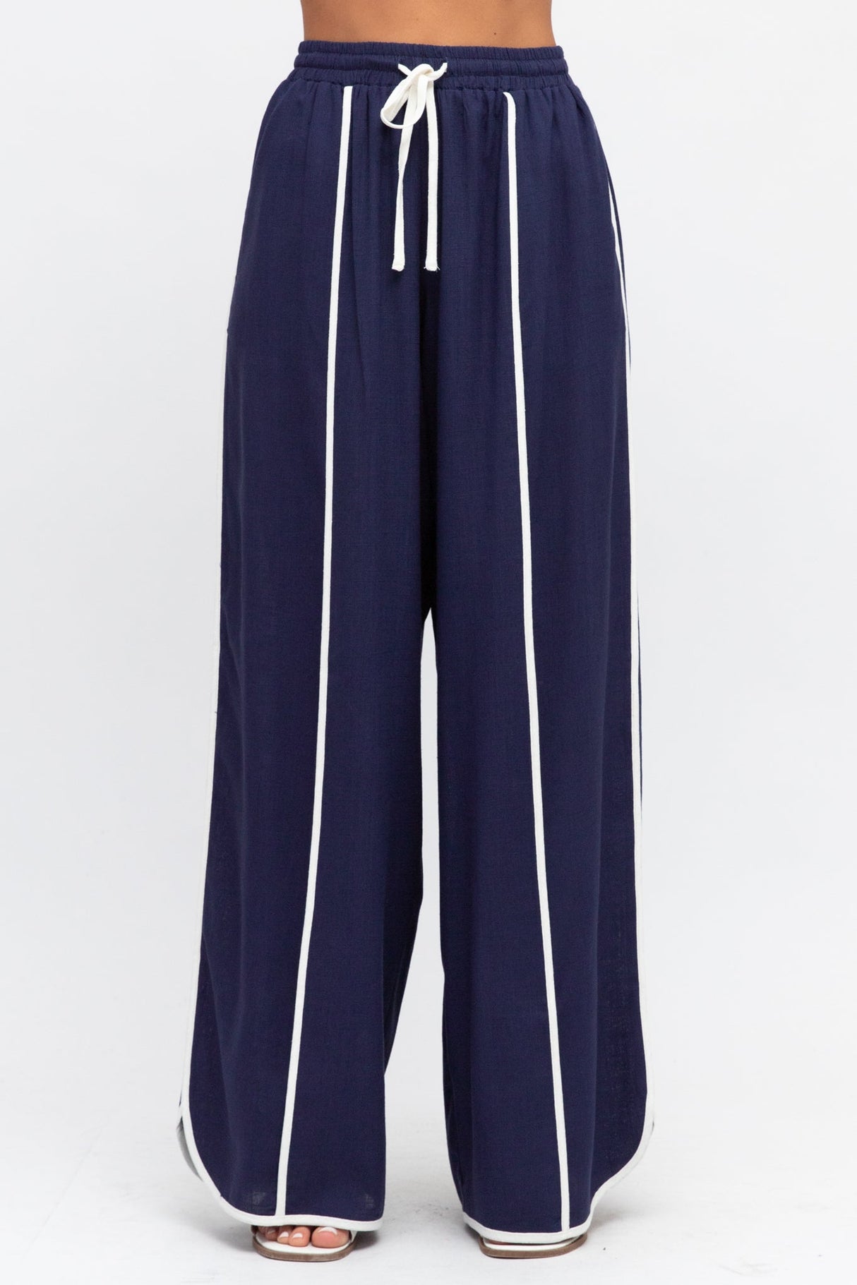 Danica Pants - High Waisted Relaxed Pant with Contrast Piping Details in Navy