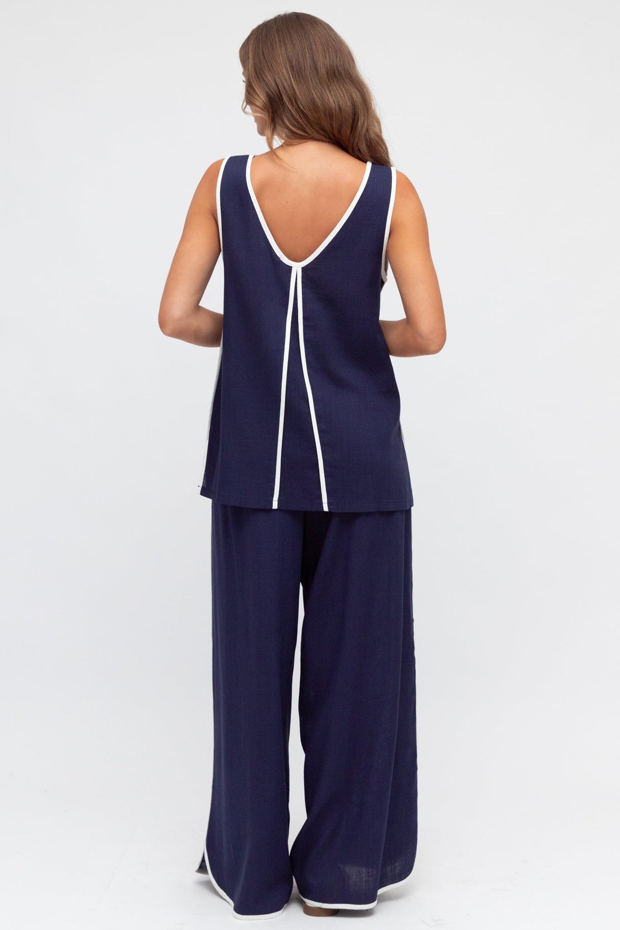 Danica Pants - High Waisted Relaxed Pant with Contrast Piping Details in Navy