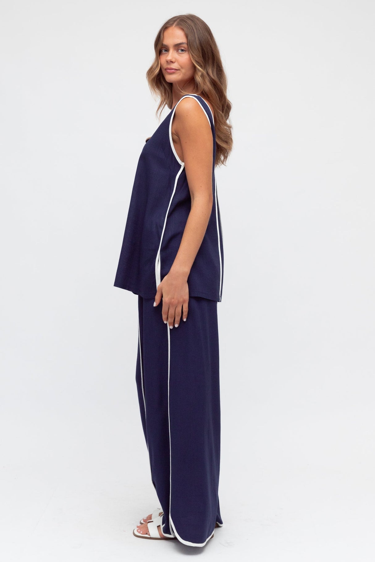 Danica Pants - High Waisted Relaxed Pant with Contrast Piping Details in Navy