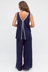 Danica Top - Contrast Piping Detailed V Neck Sleeveless Top in Navy