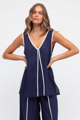 Danica Top - Contrast Piping Detailed V Neck Sleeveless Top in Navy