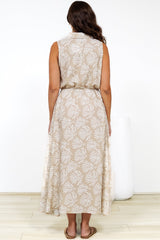 Danika Maxi Dress - Sleeveless Shirt Dress with Pull Waist Tie in Catia Print Beige