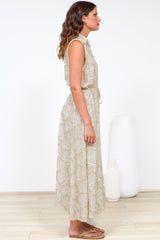 Danika Maxi Dress - Sleeveless Shirt Dress with Pull Waist Tie in Catia Print Beige