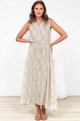 Danika Maxi Dress - Sleeveless Shirt Dress with Pull Waist Tie in Catia Print Beige