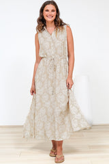 Danika Maxi Dress - Sleeveless Shirt Dress with Pull Waist Tie in Catia Print Beige