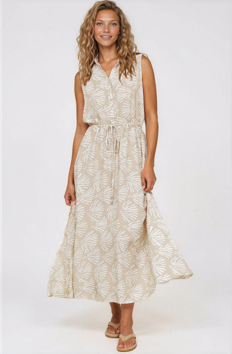 Model wearing Danika Maxi Dress in Catia Print Beige from Salty Crush