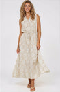 Model wearing Danika Maxi Dress in Catia Print Beige from Salty Crush