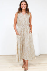 Danika Maxi Dress - Sleeveless Shirt Dress with Pull Waist Tie in Catia Print Beige