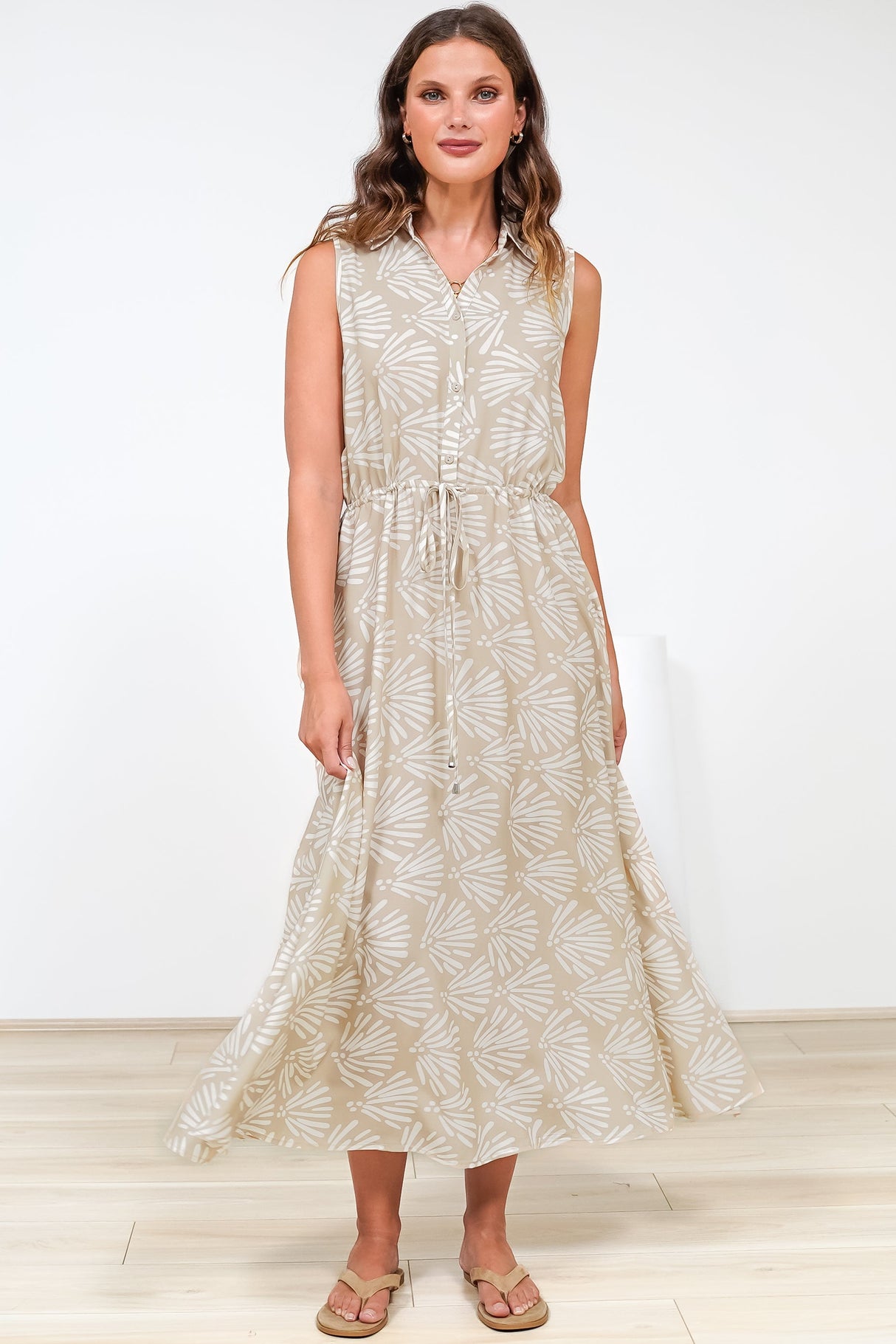 Danika Maxi Dress - Sleeveless Shirt Dress with Pull Waist Tie in Catia Print Beige