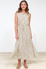 Danika Maxi Dress - Sleeveless Shirt Dress with Pull Waist Tie in Catia Print Beige