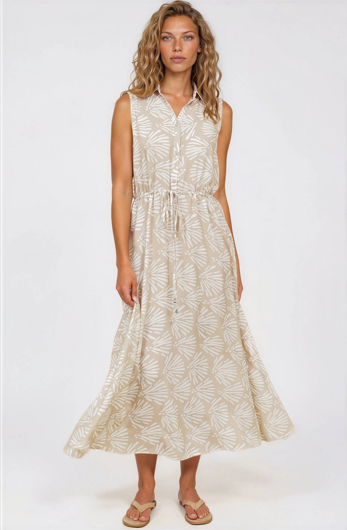 Danika Maxi Dress - Sleeveless Shirt Dress with Pull Waist Tie in Catia Print Beige