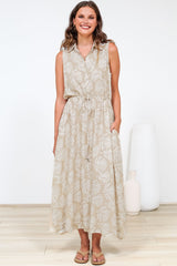 Danika Maxi Dress - Sleeveless Shirt Dress with Pull Waist Tie in Catia Print Beige