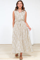 Danika Maxi Dress - Sleeveless Shirt Dress with Pull Waist Tie in Catia Print Beige