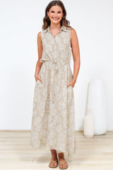 Danika Maxi Dress - Sleeveless Shirt Dress with Pull Waist Tie in Catia Print Beige