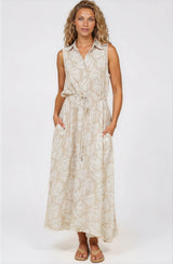 Danika Maxi Dress - Sleeveless Shirt Dress with Pull Waist Tie in Catia Print Beige