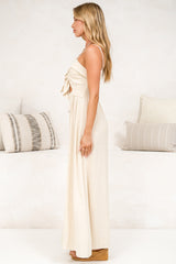 Danila Midi Dress - Front Tie Bodice Cut Out Detail Midi with Adjustable Straps in Beige