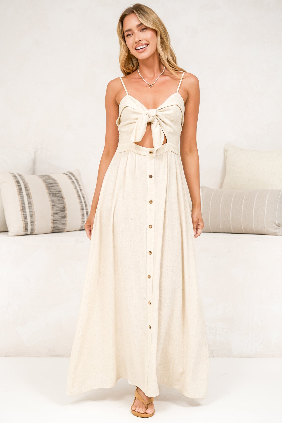 Danila Midi Dress - Front Tie Bodice Cut Out Detail Midi with Adjustable Straps in Beige