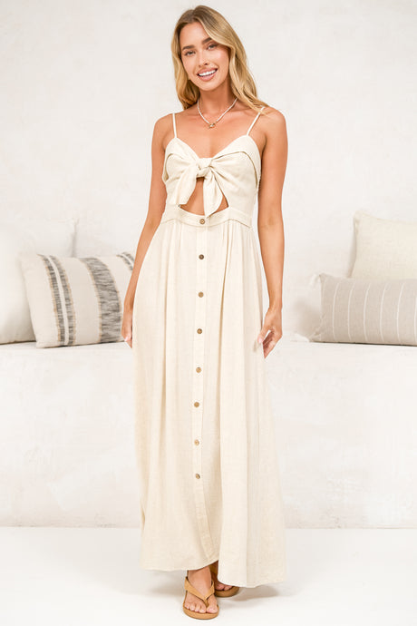 Danila Midi Dress - Front Tie Bodice Cut Out Detail Midi with Adjustable Straps in Beige